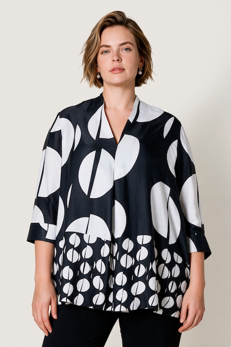 Satin-Bluse, A-Linie, Polkadot-Design, Kelchkragen, 3/4-Ärmel