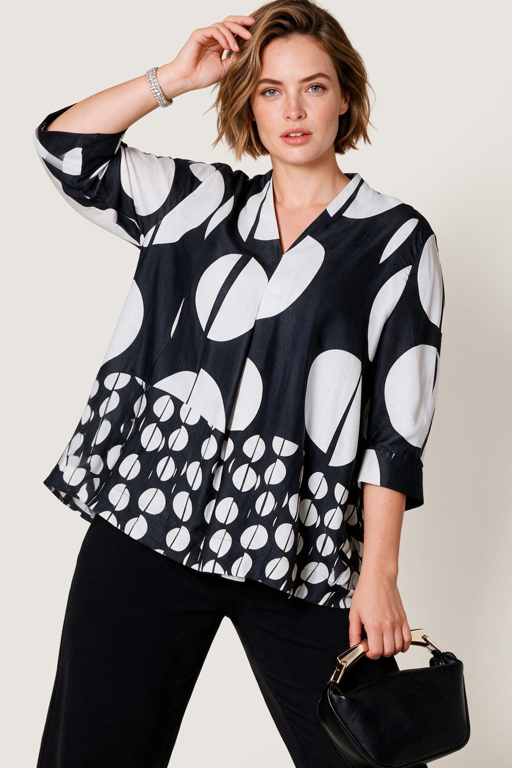Satin-Bluse, A-Linie, Polkadot-Design, Kelchkragen, 3/4-Ärmel