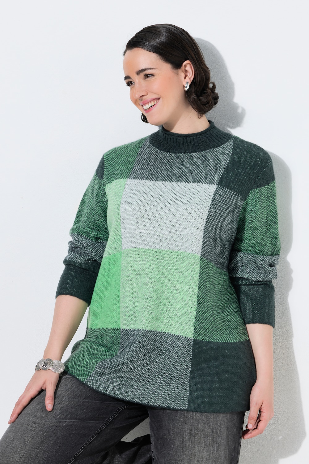 Pullover, Karomuster, Stehkragen, Langarm