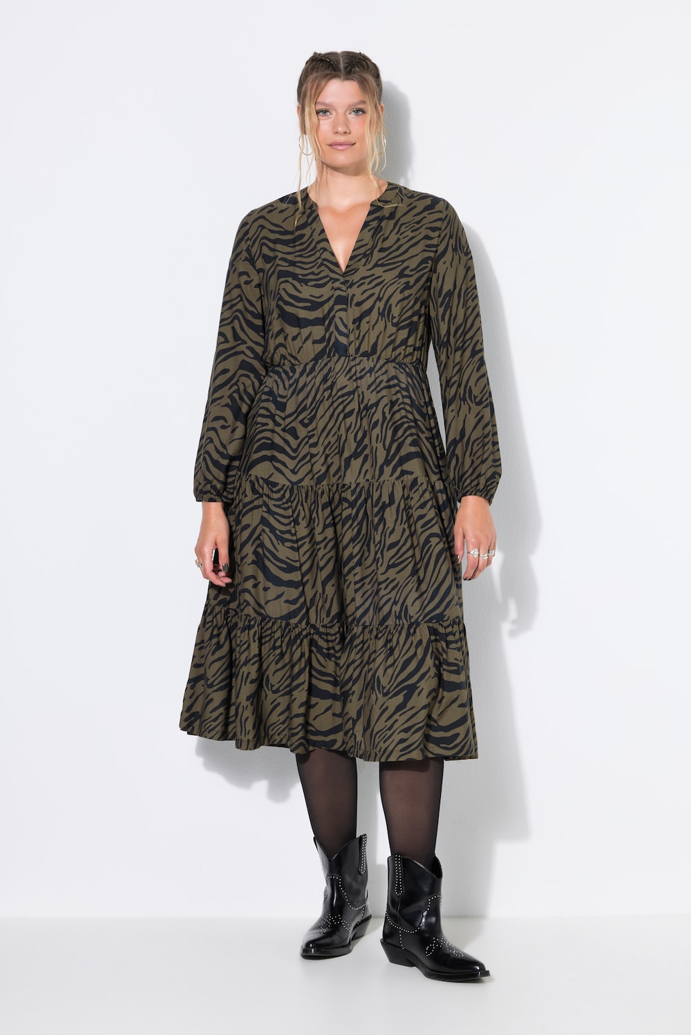 Maxikleid, Zebra-Print, Volants, Langarm