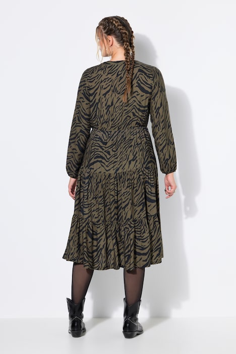 Maxikleid, Zebra-Print, Volants, Langarm