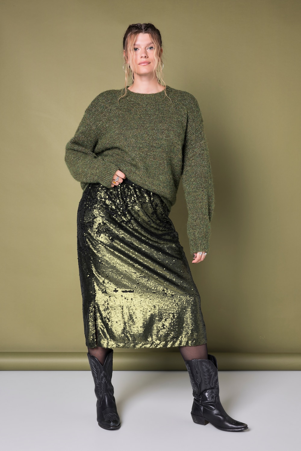 Rok, straight pasvorm, matte pailletten, elastische tailleband
