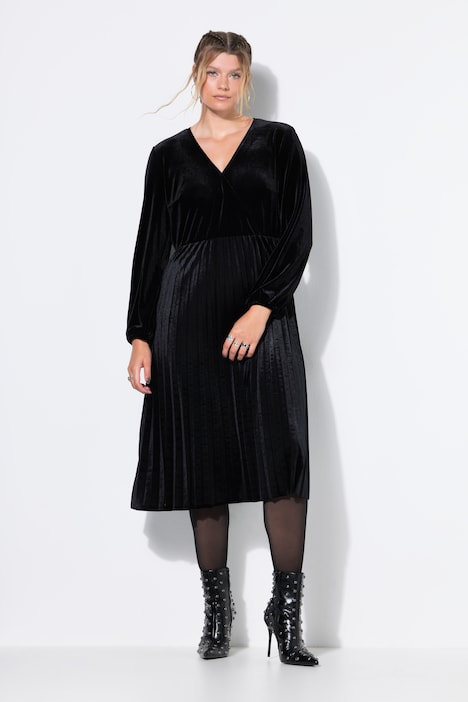 Robe plissée en velours, effet cache-cœur, manches longues