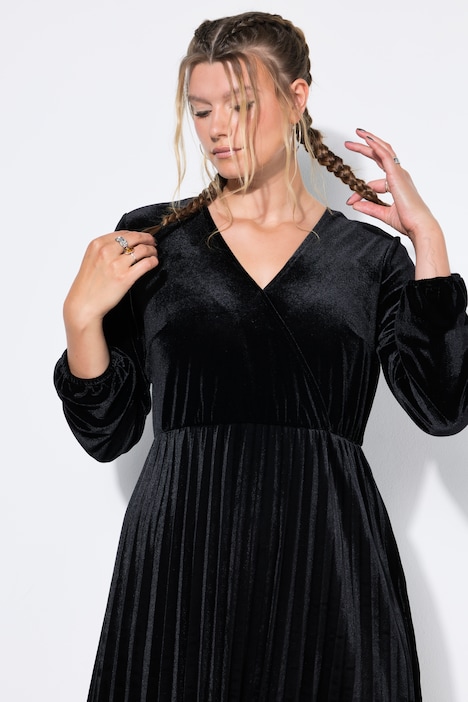 Robe plissée en velours, effet cache-cœur, manches longues