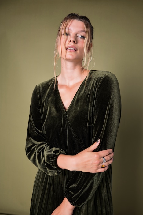 Robe plissée en velours, effet cache-cœur, manches longues