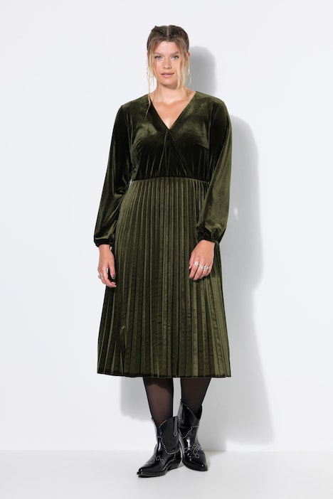 Robe plissée en velours, effet cache-cœur, manches longues