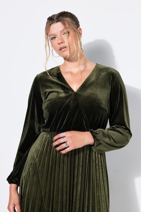 Robe plissée en velours, effet cache-cœur, manches longues