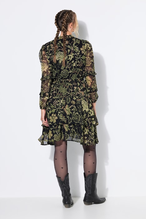 Chiffonkleid, Minilänge, Blumenprint, Rüschen, weiter Langarm