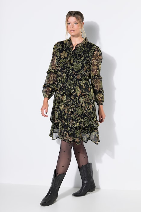 Chiffonkleid, Minilänge, Blumenprint, Rüschen, weiter Langarm