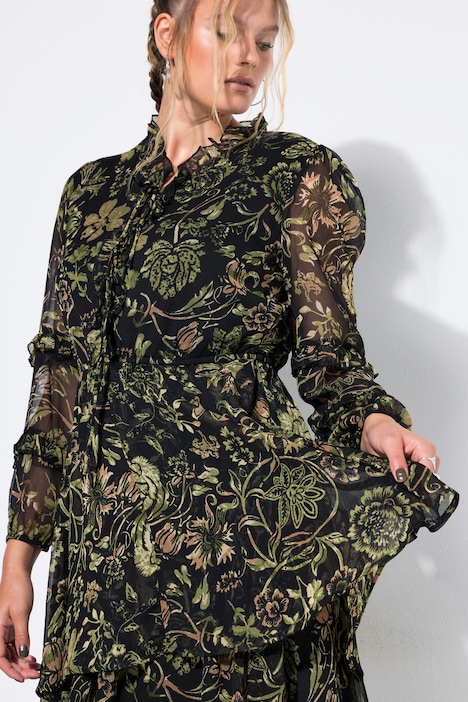 Chiffonkleid, Minilänge, Blumenprint, Rüschen, weiter Langarm
