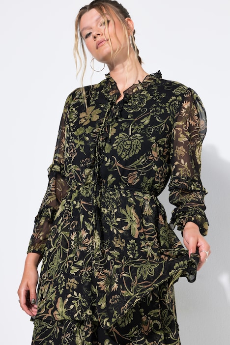 Chiffonkleid, Minilänge, Blumenprint, Rüschen, weiter Langarm