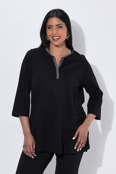 Shirt, Ziersteine, Tunika-Ausschnitt, 3/4-Arm, Pima Cotton