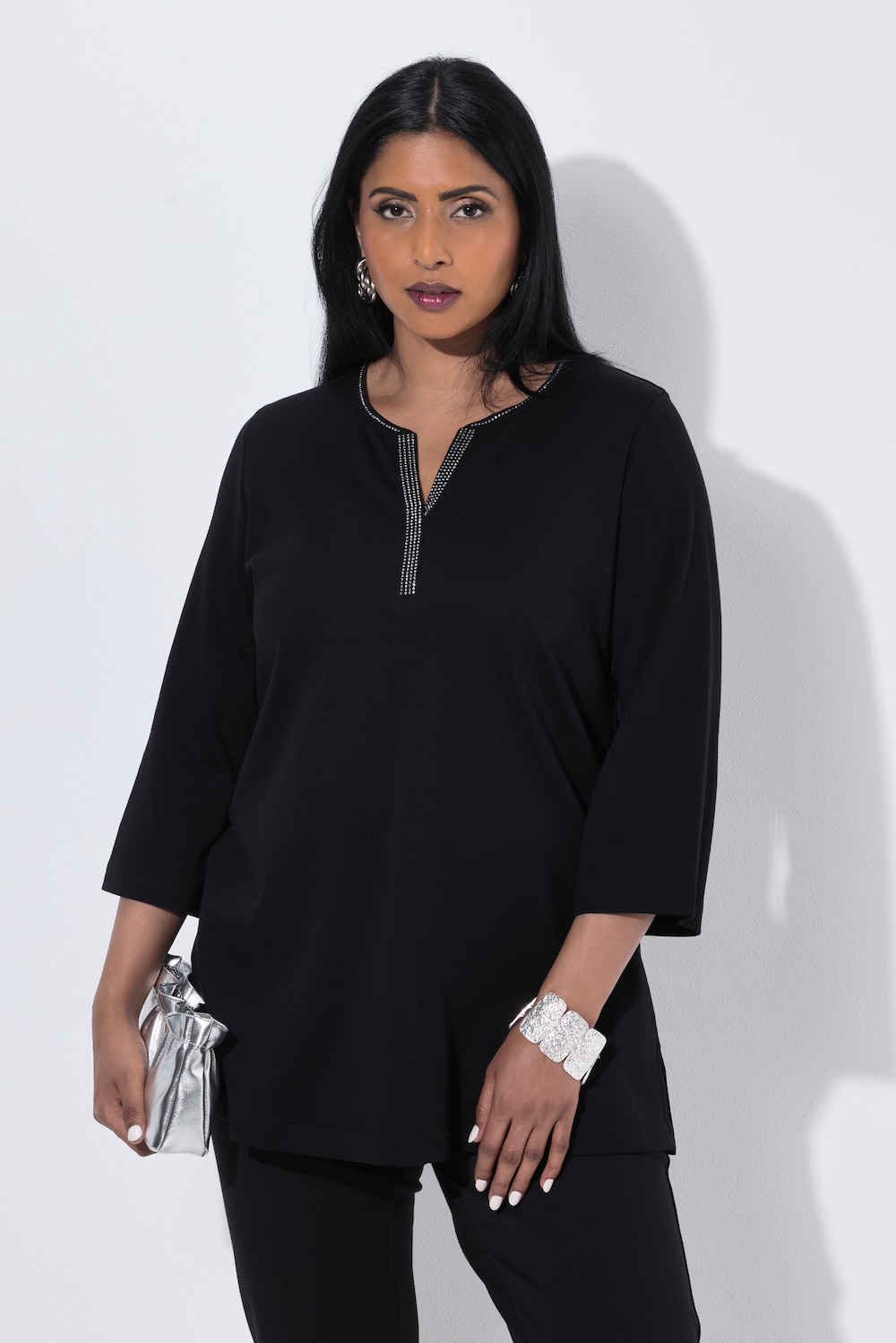 Shirt, Ziersteine, Tunika-Ausschnitt, 3/4-Arm, Pima Cotton