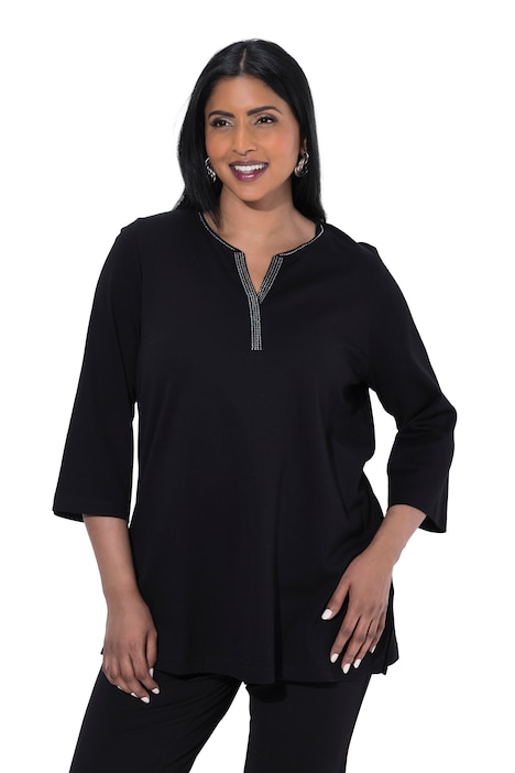 Shirt, Ziersteine, Tunika-Ausschnitt, 3/4-Arm, Pima Cotton