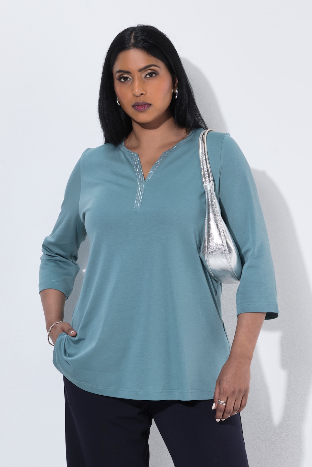 Shirt, Ziersteine, Tunika-Ausschnitt, 3/4-Arm, Pima Cotton