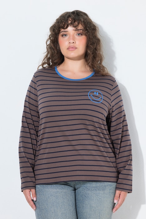Shirt, gestreept, borduursel, ronde hals, trompetmouwen