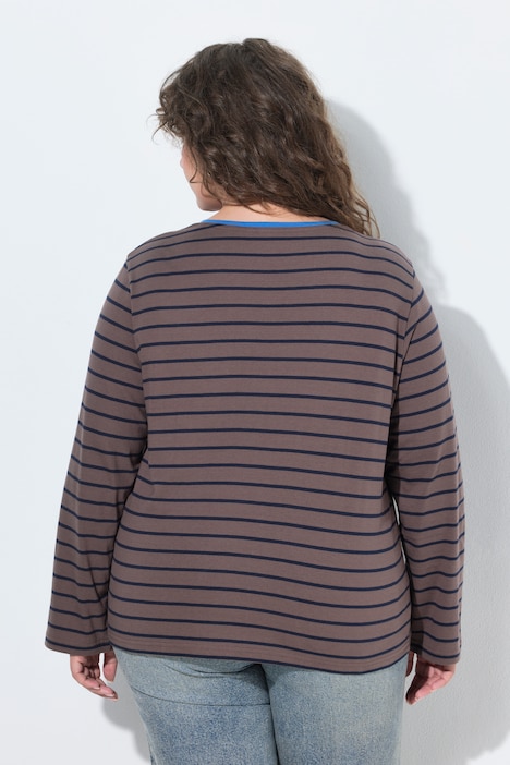 Shirt, gestreept, borduursel, ronde hals, trompetmouwen