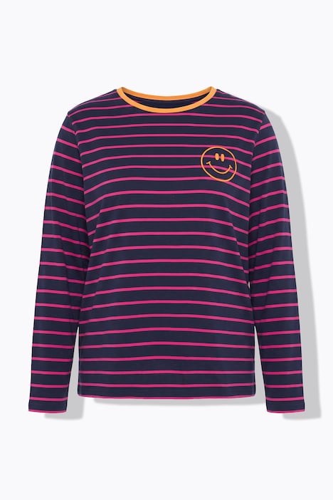 Shirt, gestreept, borduursel, ronde hals, trompetmouwen