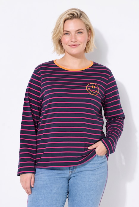 Shirt, gestreept, borduursel, ronde hals, trompetmouwen