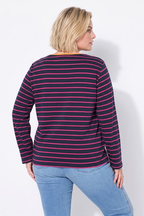 Shirt, gestreept, borduursel, ronde hals, trompetmouwen