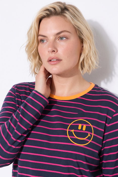 Shirt, gestreept, borduursel, ronde hals, trompetmouwen