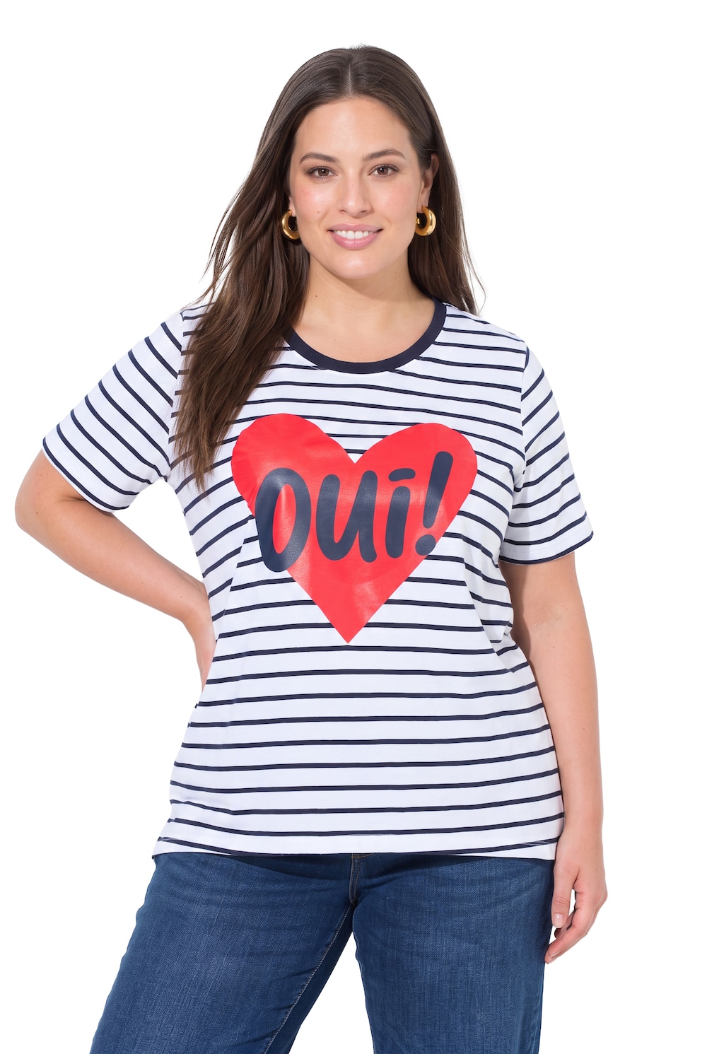 T-shirt, A-lijn, gestreept, hartje met glitters, halve mouwen