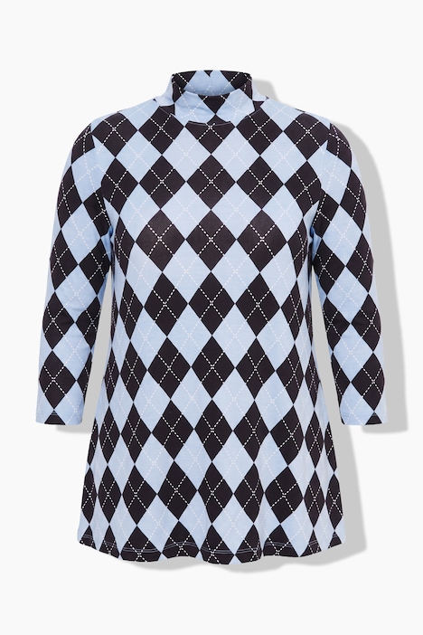T-Shirt, A-Linie, Argyle-Karomuster, 3/4-Ärmel