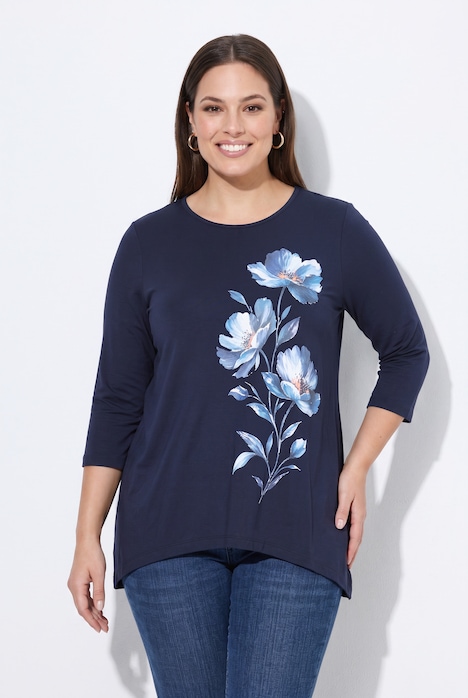 T-Shirt, A-Linie, große Blüten, Zipfelsaum