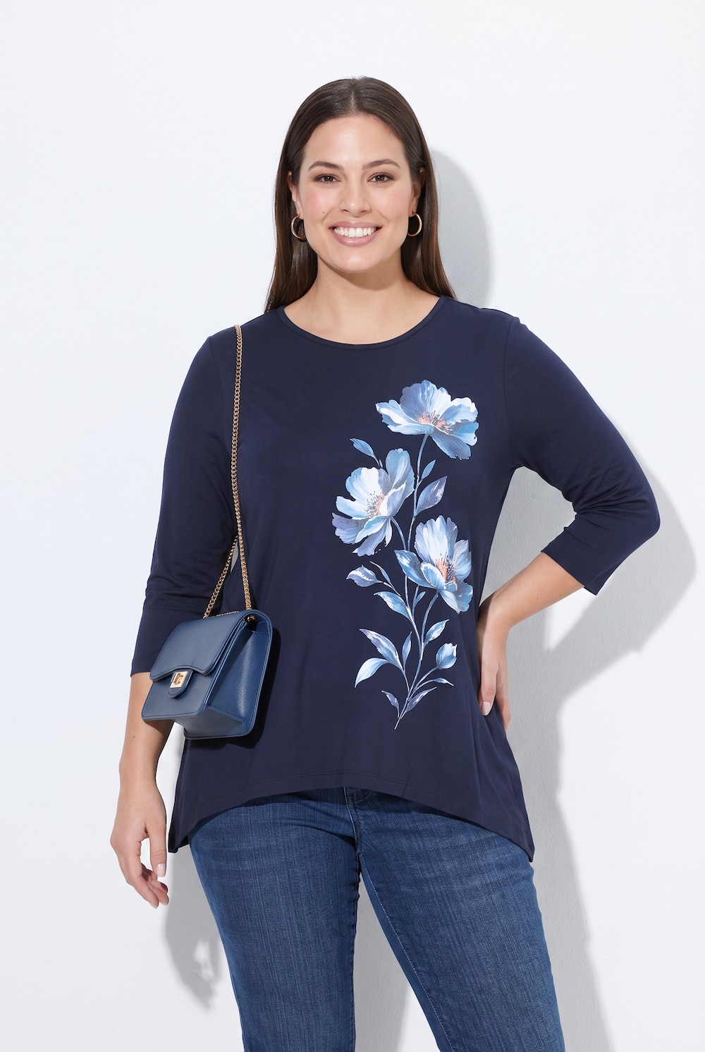 T-Shirt, A-Linie, große Blüten, Zipfelsaum