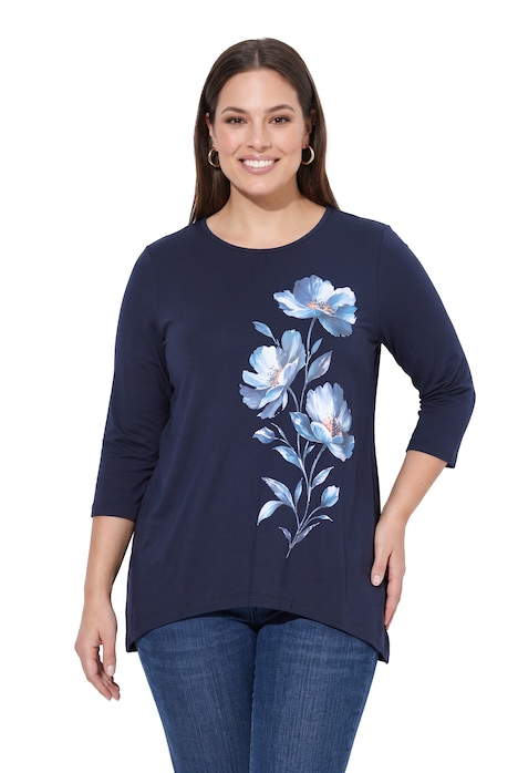 T-Shirt, A-Linie, große Blüten, Zipfelsaum