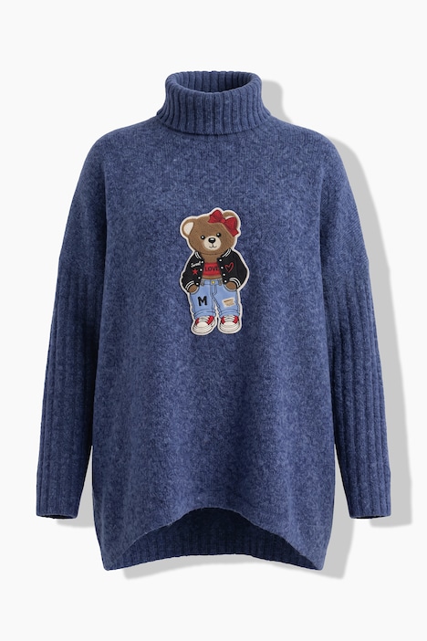 Rollkragenpullover, oversized A-Linie, Bären-Applikation
