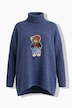 Rollkragenpullover, oversized A-Linie, Bären-Applikation