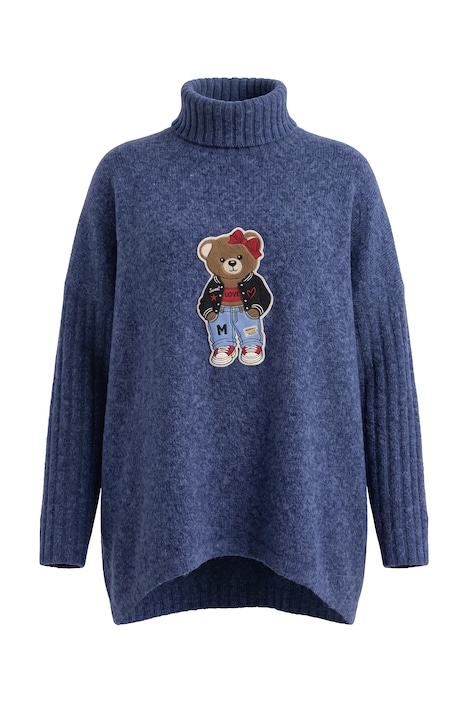 Rollkragenpullover, oversized A-Linie, Bären-Applikation