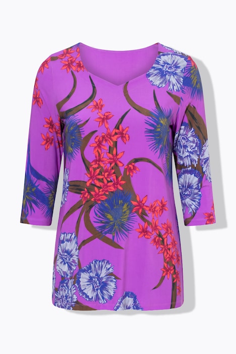 Slinky-Shirt, Blüten, Herzausschnitt, 3/4-Arm