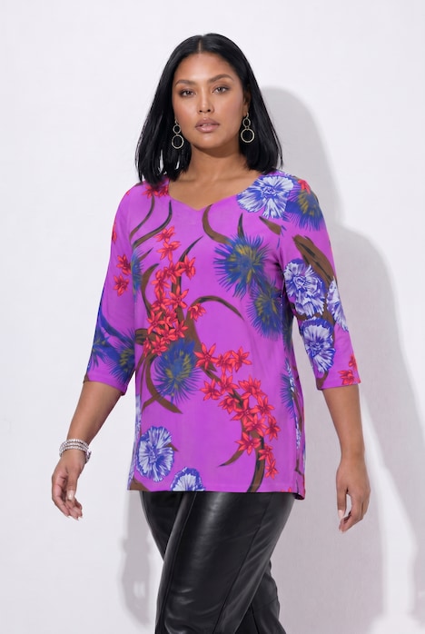 Slinky-Shirt, Blüten, Herzausschnitt, 3/4-Arm