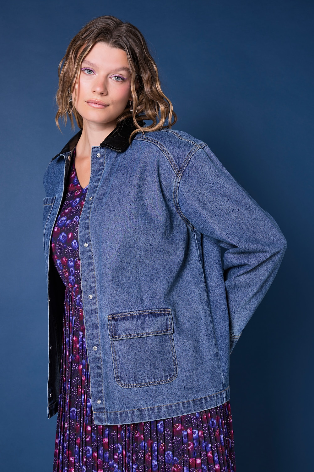 Jeansjacke, Loose Shape, Hemdkragen in Lederoptik