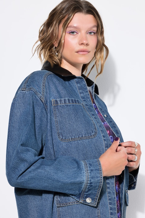 Jeansjacke, Loose Shape, Hemdkragen in Lederoptik