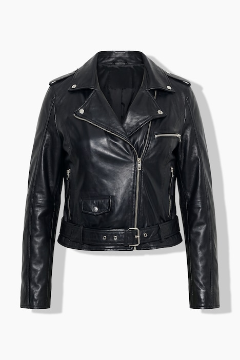 Biker-Lederjacke, Reverskragen, Gürtel, Langarm