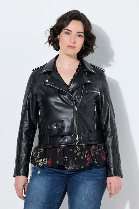 Biker-Lederjacke, Reverskragen, Gürtel, Langarm