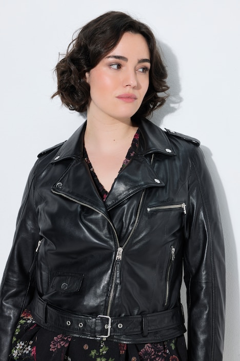 Biker-Lederjacke, Reverskragen, Gürtel, Langarm