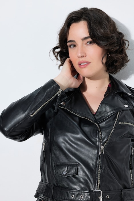 Biker-Lederjacke, Reverskragen, Gürtel, Langarm
