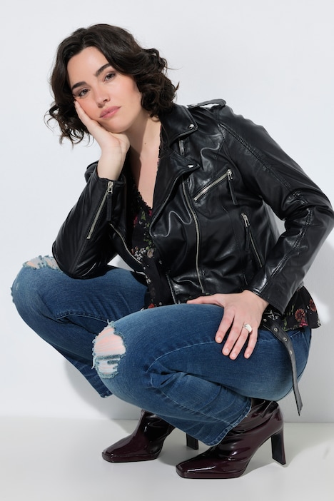 Biker-Lederjacke, Reverskragen, Gürtel, Langarm