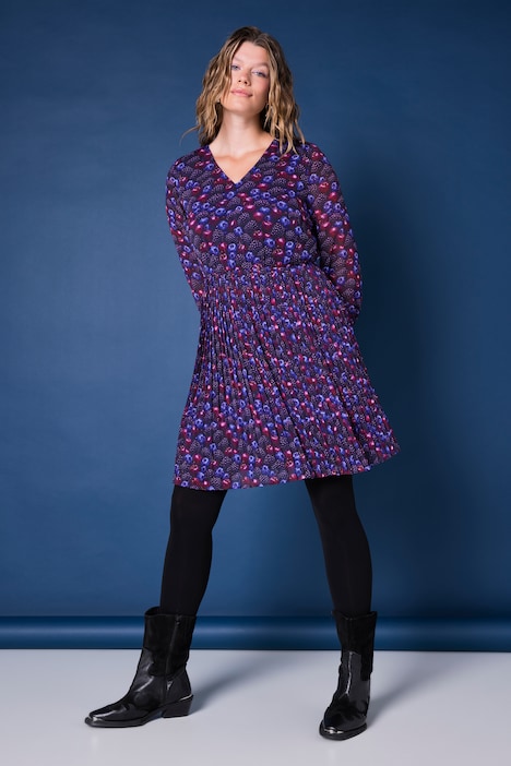 Plissee-Kleid, Berries Muster, Jersey-Unterkleid