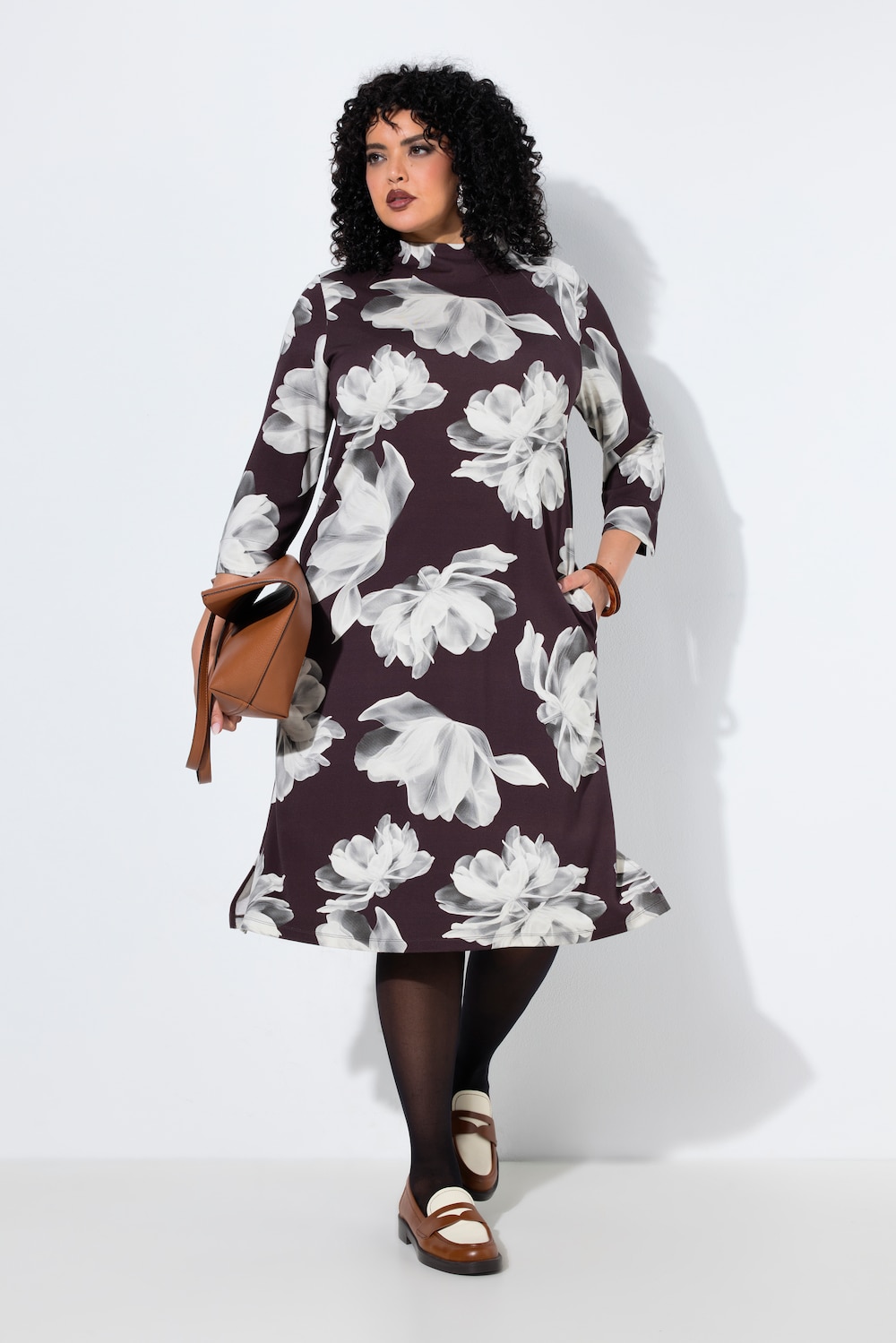 Punto-Kleid, Blüten, Stehkragen, 3/4-Arm, Taschen