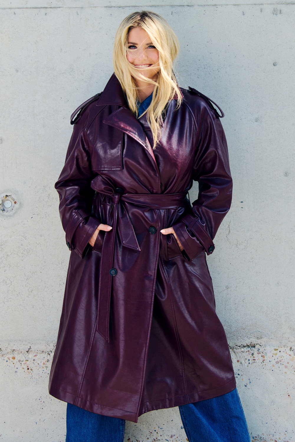 Trenchcoat, skinnlook, omslagskrage, dobbeltspent