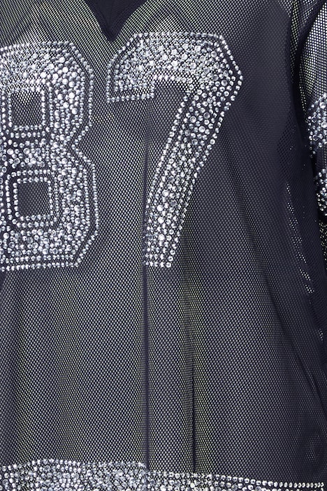 Trikot, Shirt, Mesh oversized, Glitzersteinchen, Halbarm