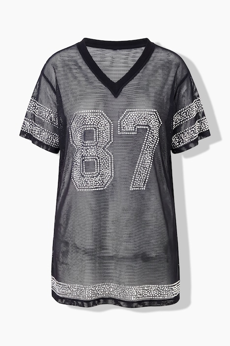 Trikot, Shirt, Mesh oversized, Glitzersteinchen, Halbarm