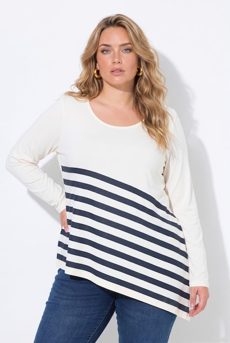 Longsleeve, A-Linie, Streifen-Zipfelsaum