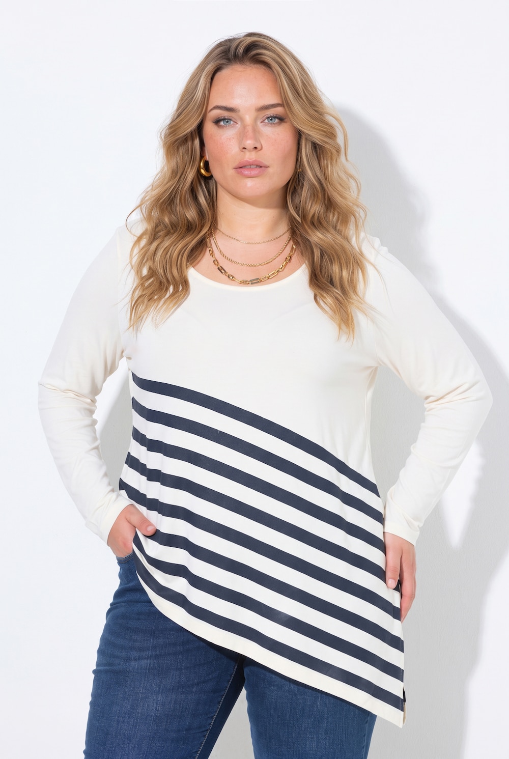 T-shirt met lange mouwen, A-lijn, gestreepte ritszoom