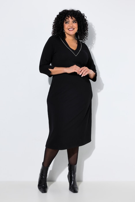 Punto-Kleid, Ziersteinborte, V-Ausschnitt, 3/4-Arm